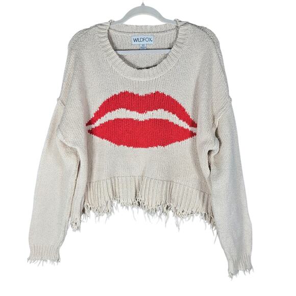 Wildfox Sweater Womens XS Luna Lips Beige Red Lips Fringe Distressed Pullover - Picture 1 of 14